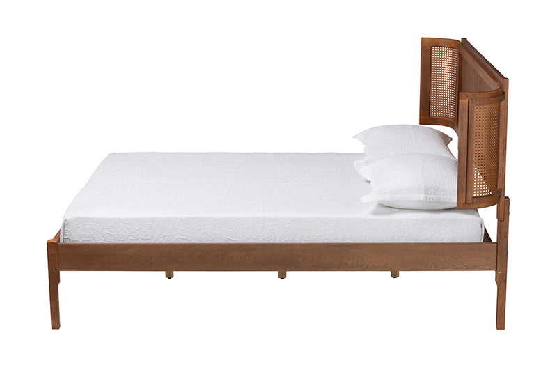 Salome Mid-Century Modern Walnut Brown Finished Wood and Natural Rattan Full Size Platform Bed