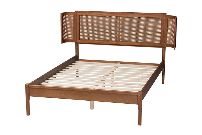 Salome Mid-Century Modern Walnut Brown Finished Wood and Natural Rattan Full Size Platform Bed