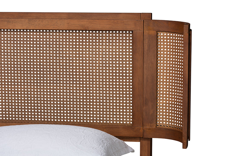 Salome Mid-Century Modern Walnut Brown Finished Wood and Natural Rattan Full Size Platform Bed