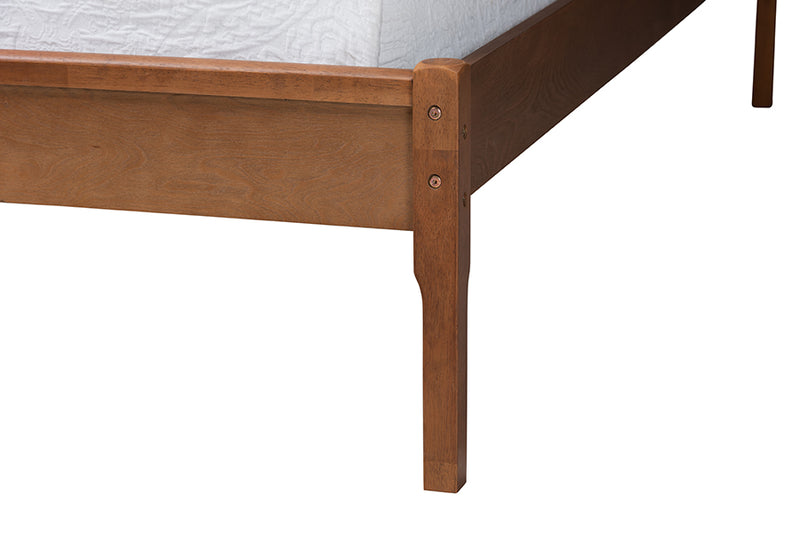 Salome Mid-Century Modern Walnut Brown Finished Wood and Natural Rattan Full Size Platform Bed