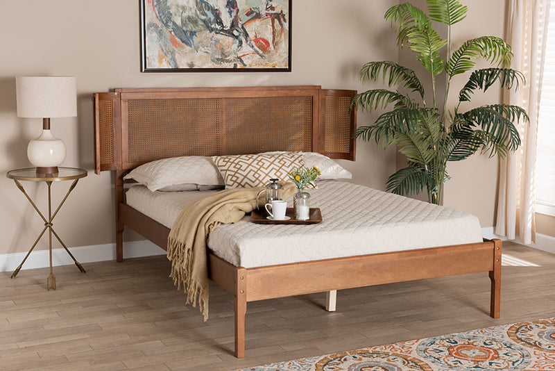 Salome Mid-Century Modern Walnut Brown Finished Wood and Natural Rattan Full Size Platform Bed