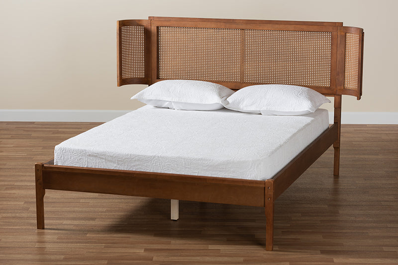 Salome Mid-Century Modern Walnut Brown Finished Wood and Natural Rattan Full Size Platform Bed