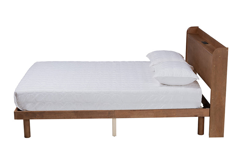 Seine Walnut Brown Queen Size Platform Bed w/Charging Station Baxton