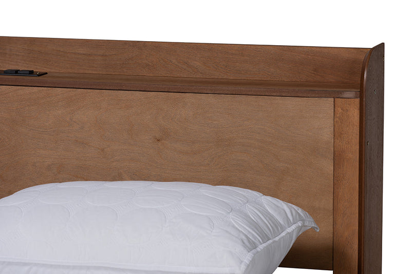 Seine Walnut Brown Queen Size Platform Bed w/Charging Station Baxton