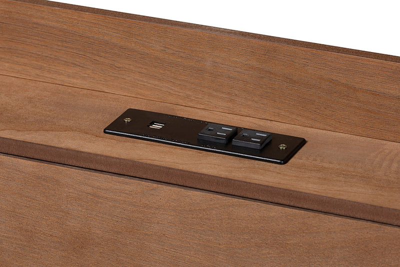 Seine Walnut Brown Queen Size Platform Bed w/Charging Station Baxton