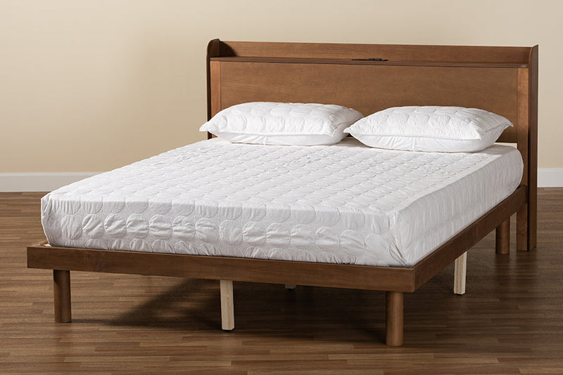 Seine Walnut Brown Queen Size Platform Bed w/Charging Station Baxton
