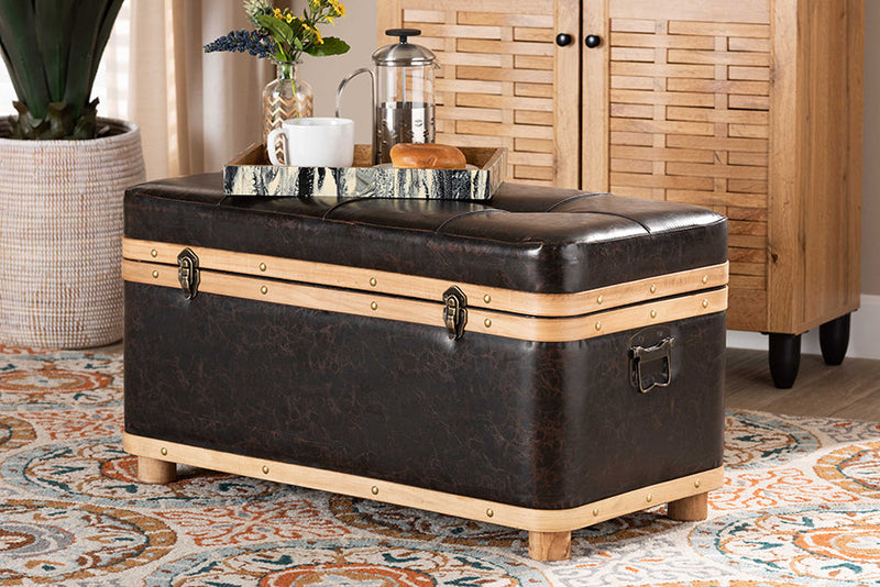 Leora Modern Dark Brown Faux Leather Oak Brown Large Storage Ottoman Baxton