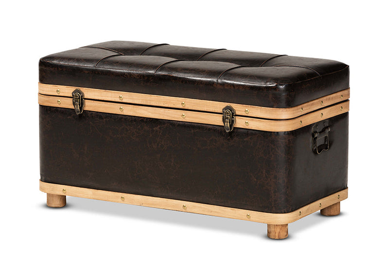 Leora Modern Dark Brown Faux Leather Oak Brown Large Storage Ottoman Baxton