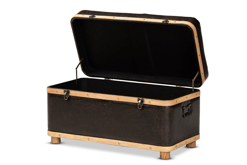 Leora Modern Dark Brown Faux Leather Oak Brown Large Storage Ottoman Baxton