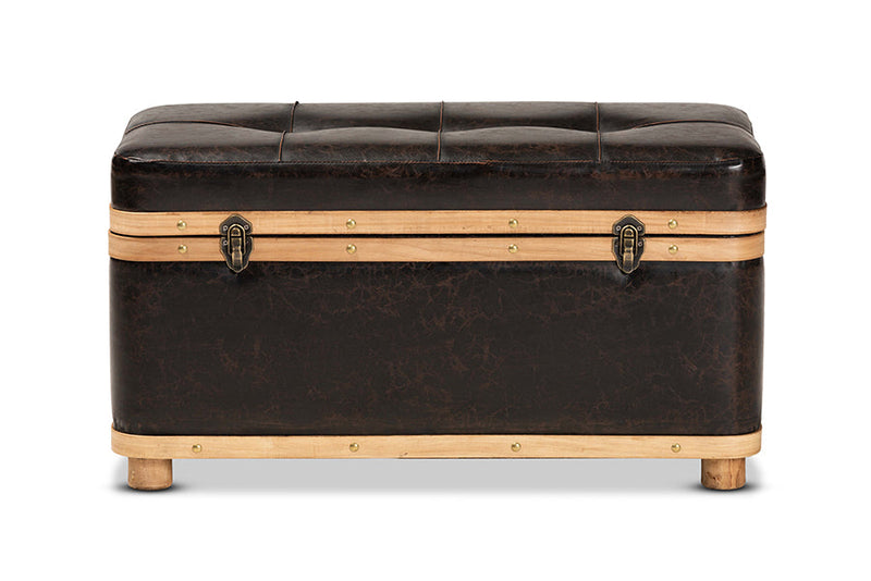 Leora Modern Dark Brown Faux Leather Oak Brown Large Storage Ottoman Baxton