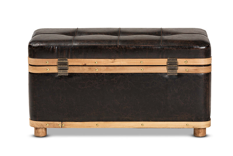 Leora Modern Dark Brown Faux Leather Oak Brown Large Storage Ottoman Baxton