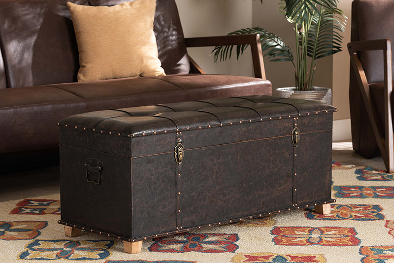 Dora Rustic Transitional Dark Brown Faux Leather Upholstered and Oak Brown Finished Wood Storage Ottoman