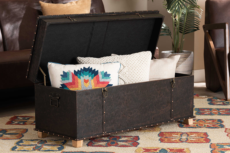 Dora Rustic Transitional Dark Brown Faux Leather Upholstered and Oak Brown Finished Wood Storage Ottoman