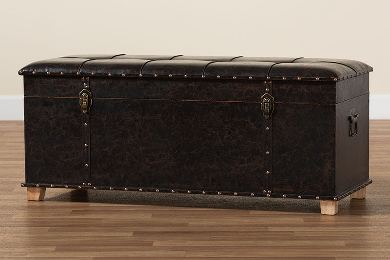 Dora Rustic Transitional Dark Brown Faux Leather Upholstered and Oak Brown Finished Wood Storage Ottoman