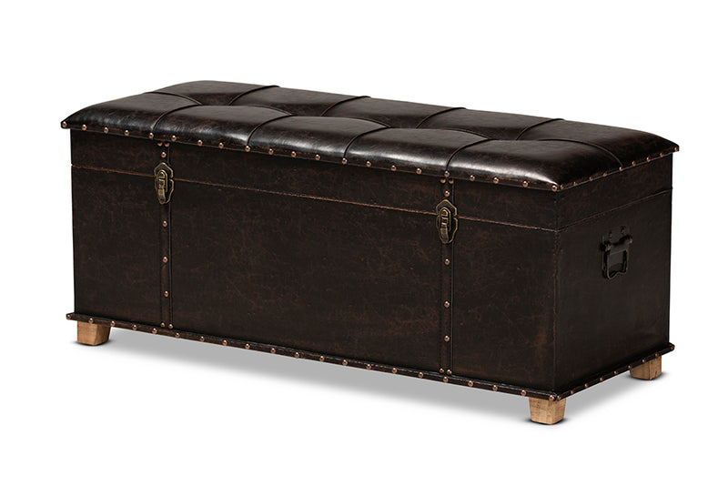 Dora Rustic Transitional Dark Brown Faux Leather Upholstered and Oak Brown Finished Wood Storage Ottoman