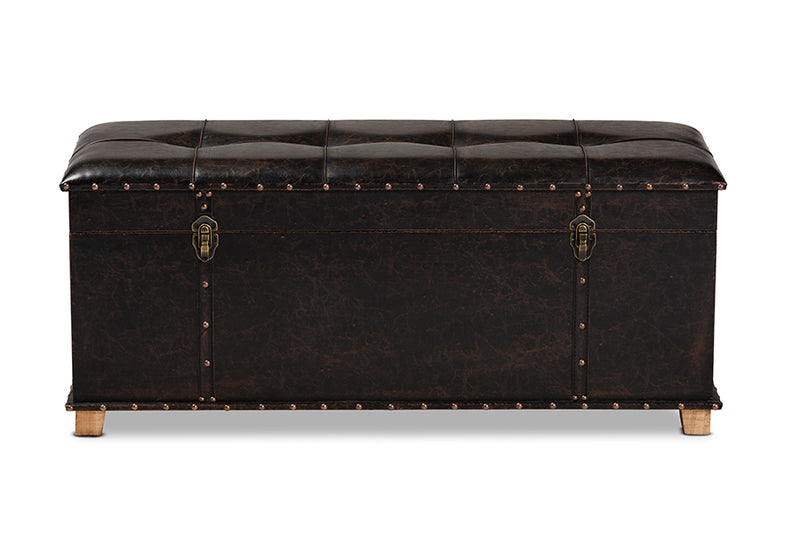 Dora Rustic Transitional Dark Brown Faux Leather Upholstered and Oak Brown Finished Wood Storage Ottoman