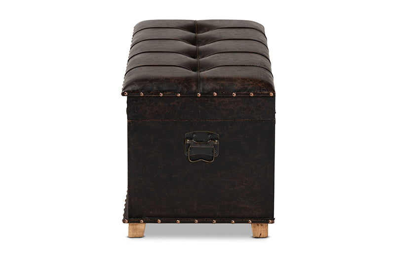 Dora Rustic Transitional Dark Brown Faux Leather Upholstered and Oak Brown Finished Wood Storage Ottoman