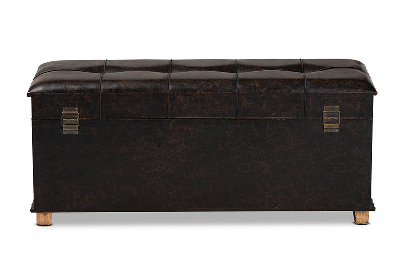 Dora Rustic Transitional Dark Brown Faux Leather Upholstered and Oak Brown Finished Wood Storage Ottoman