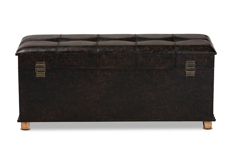 Dora Rustic Dark Brown Faux Leather Upholstered and Oak Brown Storage Ottoman Baxton