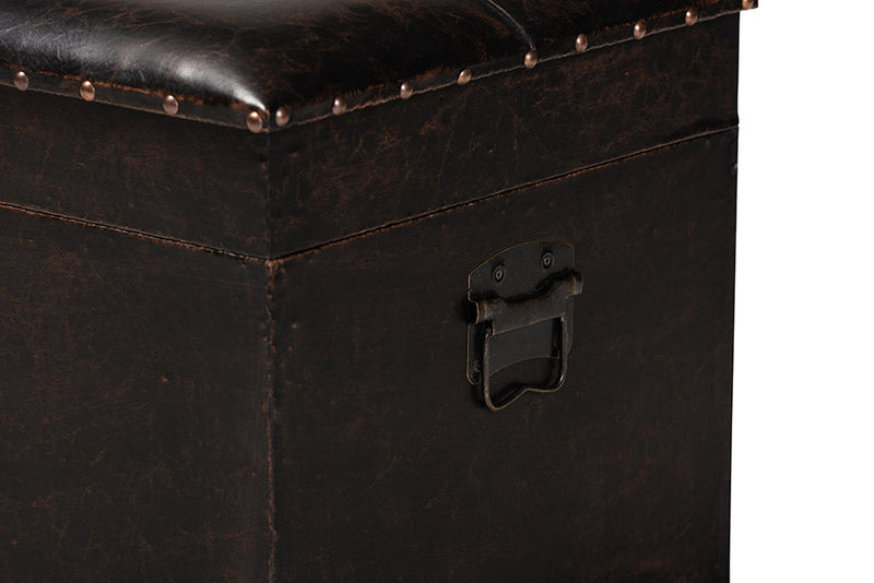 Dora Rustic Dark Brown Faux Leather Upholstered and Oak Brown Storage Ottoman Baxton