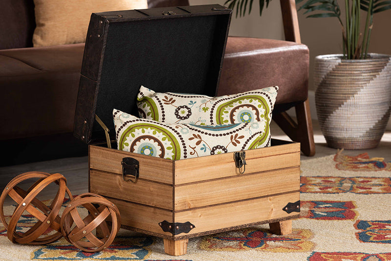 Callen Rustic Dark Brown Faux Leather Upholstered and Oak Brown Storage Ottoman Baxton