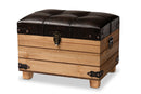 Callen Rustic Dark Brown Faux Leather Upholstered and Oak Brown Storage Ottoman Baxton