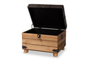 Callen Rustic Dark Brown Faux Leather Upholstered and Oak Brown Storage Ottoman Baxton