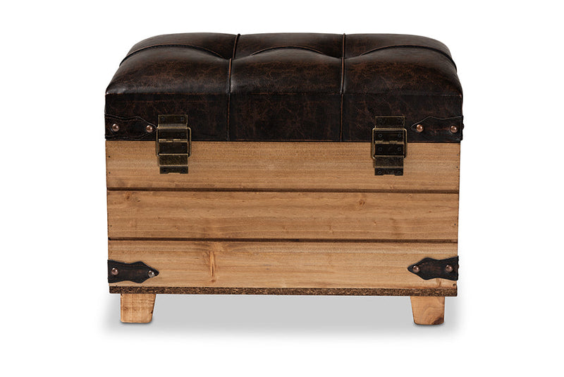 Callen Rustic Dark Brown Faux Leather Upholstered and Oak Brown Storage Ottoman Baxton