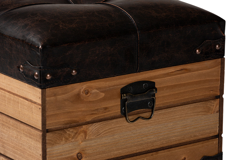 Callen Rustic Transitional Dark Brown Faux Leather Upholstered and Oak Brown Finished Wood Storage Ottoman