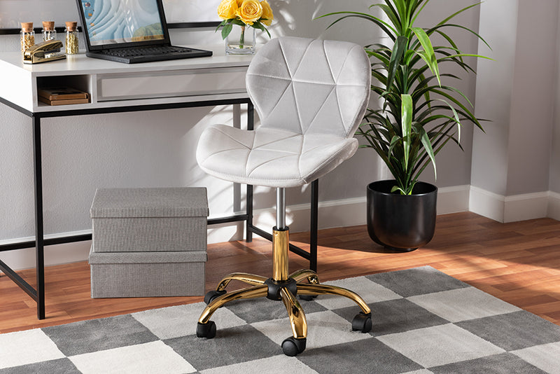 Neva Contemporary Glam and Luxe Gray Velvet Fabric and Gold Metal Swivel Office Chair