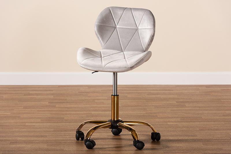 Neva Contemporary Glam and Luxe Gray Velvet Fabric and Gold Metal Swivel Office Chair