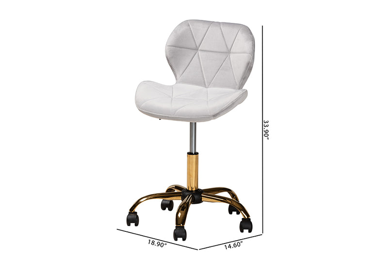 Neva Contemporary Glam and Luxe Gray Velvet Fabric and Gold Metal Swivel Office Chair