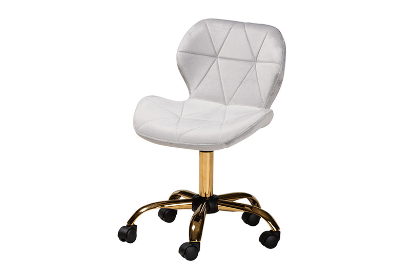 Neva Contemporary Glam and Luxe Gray Velvet Fabric and Gold Metal Swivel Office Chair