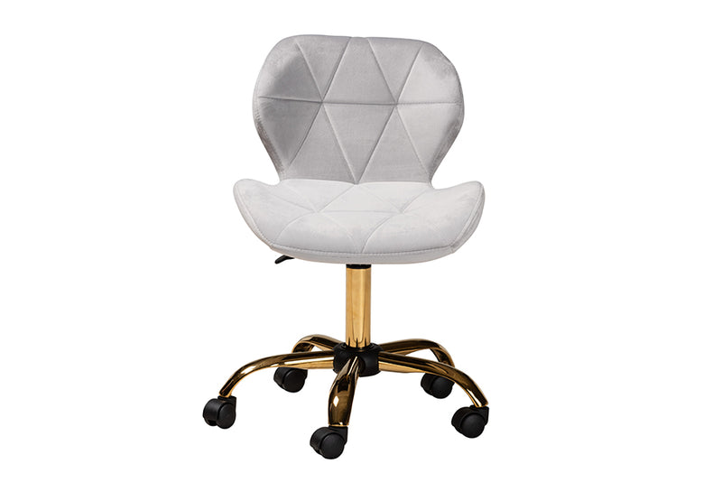 Neva Contemporary Glam and Luxe Gray Velvet Fabric and Gold Metal Swivel Office Chair