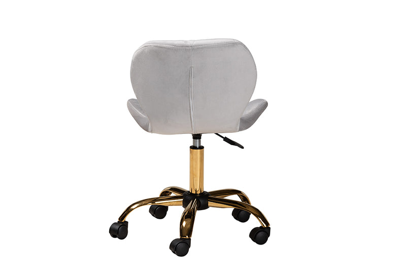 Neva Contemporary Glam and Luxe Gray Velvet Fabric and Gold Metal Swivel Office Chair