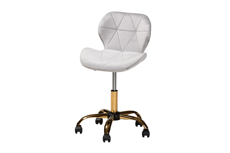 Neva Contemporary Glam and Luxe Gray Velvet Fabric and Gold Metal Swivel Office Chair