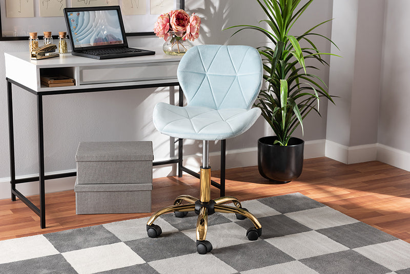 Neva Contemporary Glam and Luxe Aqua Velvet Fabric and Gold Metal Swivel Office Chair