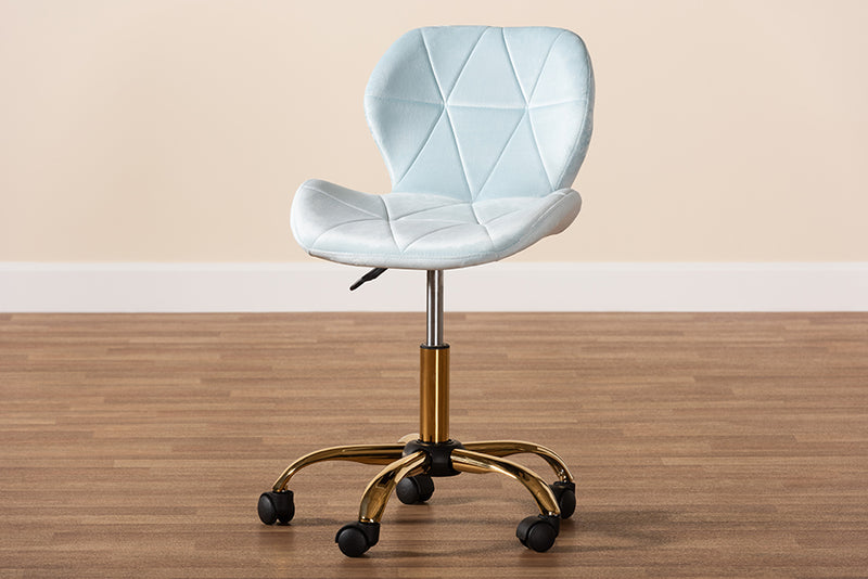 Neva Contemporary Glam and Luxe Aqua Velvet Fabric and Gold Metal Swivel Office Chair