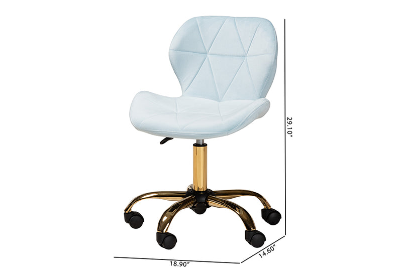 Neva Contemporary Glam and Luxe Aqua Velvet Fabric and Gold Metal Swivel Office Chair