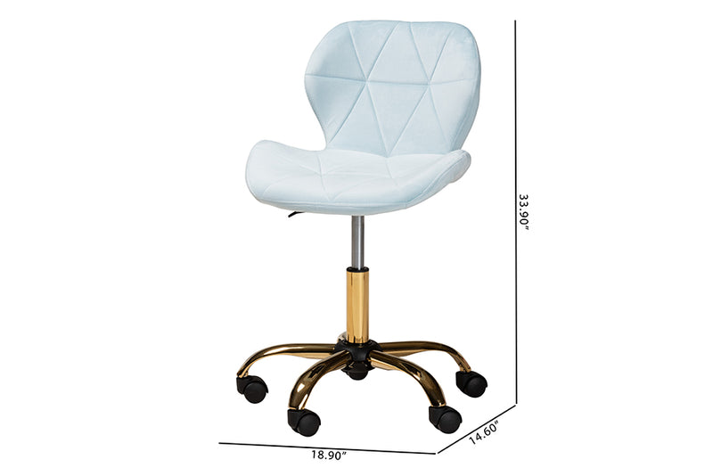 Neva Contemporary Glam and Luxe Aqua Velvet Fabric and Gold Metal Swivel Office Chair