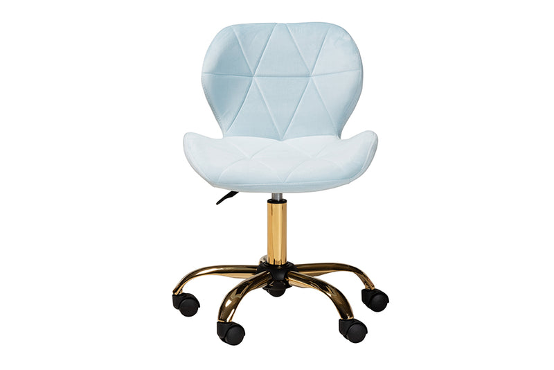 Neva Contemporary Glam and Luxe Aqua Velvet Fabric and Gold Metal Swivel Office Chair