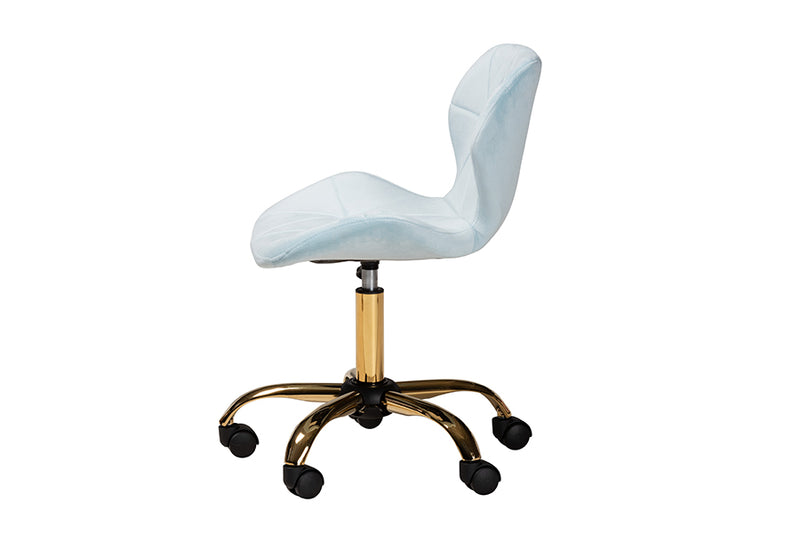 Neva Contemporary Glam and Luxe Aqua Velvet Fabric and Gold Metal Swivel Office Chair