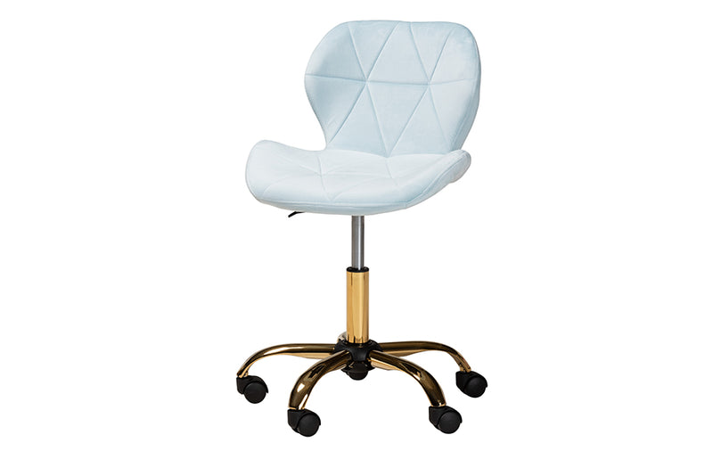 Neva Contemporary Glam and Luxe Aqua Velvet Fabric and Gold Metal Swivel Office Chair