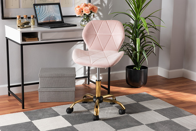 Neva Contemporary Glam and Luxe Blush Pink Velvet Fabric and Gold Metal Swivel Office Chair