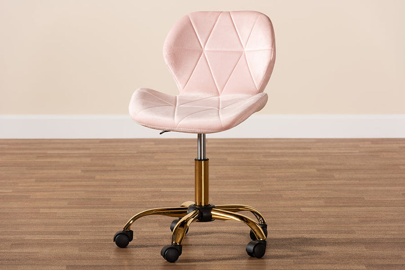 Neva Blush Pink Velvet Fabric and Gold Metal Swivel Office Chair Baxton