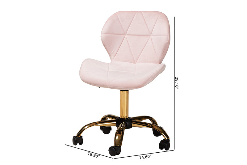 Neva Contemporary Glam and Luxe Blush Pink Velvet Fabric and Gold Metal Swivel Office Chair