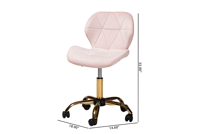 Neva Contemporary Glam and Luxe Blush Pink Velvet Fabric and Gold Metal Swivel Office Chair