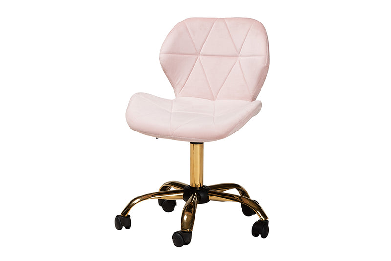 Neva Contemporary Glam and Luxe Blush Pink Velvet Fabric and Gold Metal Swivel Office Chair