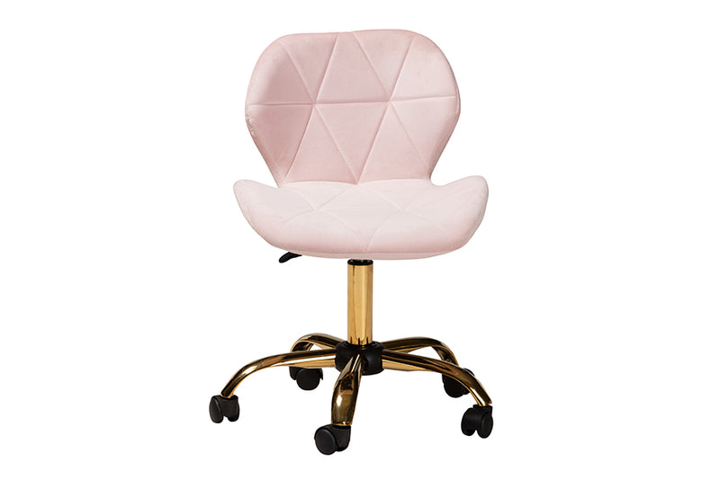 Neva Contemporary Glam and Luxe Blush Pink Velvet Fabric and Gold Metal Swivel Office Chair