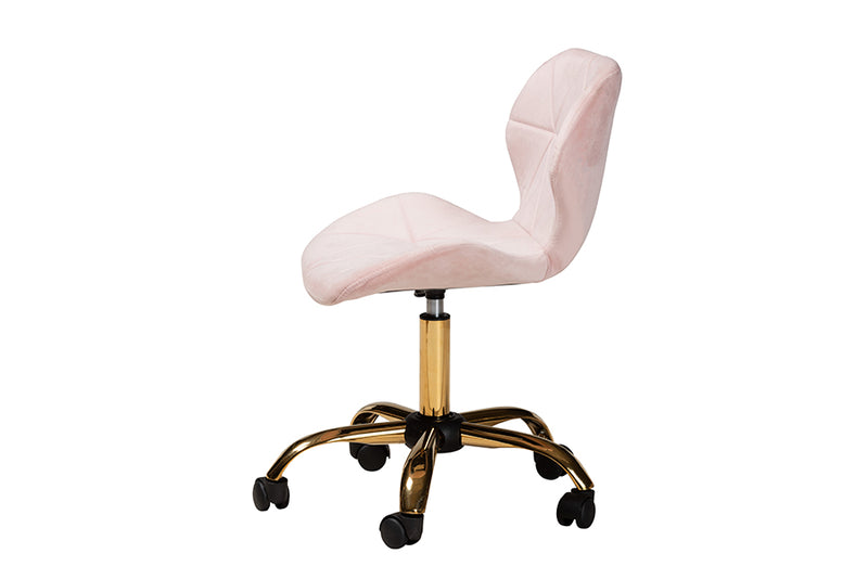 Neva Contemporary Glam and Luxe Blush Pink Velvet Fabric and Gold Metal Swivel Office Chair